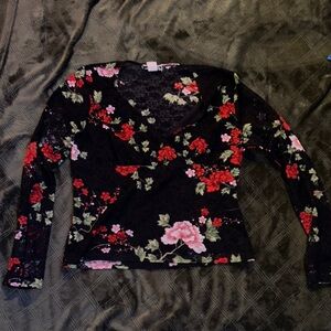 Floral Lace V-Neck Top - Black and Red